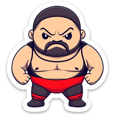 Close-up of extremely fat white skin guy with young face, beard and mustache, no muscle with prominent black durag, black eyes in a red and black wrestling singlet with angry face sticker