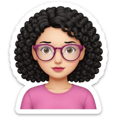 Fair girl with curly black hair and glasses wearing a pink top sticker