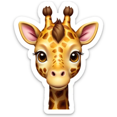 Cinematic Cute Giraffe Portrait Emoji, Head tilted playfully and inquisitively, featuring a glossy, patterned Fur of warm yellows and browns with delicate white spots, round, sparkling eyes filled with curious wonder, Simplified yet irresistibly adorable features, highly detailed, glowing with a warm, friendly glow, high shine, affectionate and gentle, stylized with a touch of savannah whimsy, bright and endearing, soft glowing outline, capturing the essence of a mischievous yet loving giraffe, so playful it feels like it could gallop out of the screen and into your arms! sticker