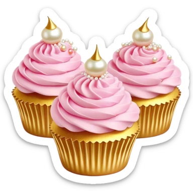 Cinematic Realistic Pink Cupcakes, fluffy pastel pink frosting swirled elegantly on top of golden cupcakes, tiny edible pearls adding a delicate touch, soft warm lighting creating a dreamy atmosphere, glowing with sweetness and charm. sticker