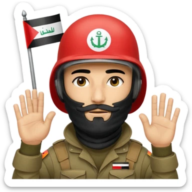 surrenders, depicts an Iraqi soldier from 1980, with a beard, in a helmet, a helmet with sign flag Iraq, with a balaclava, with sad eyes and both hands raised up sticker