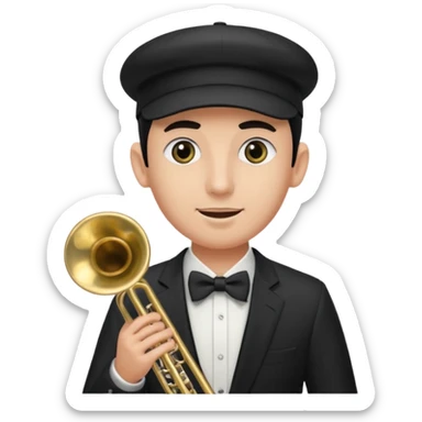 Un señor tocando el trombón (viendo hacia arriba, con los ojos cerrados), que tenga una gorra de béisbol negra de LOS ANGELES (LA), vestido todo de negro sticker