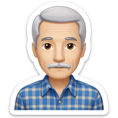 Thin older Hispanic man with light complexion. Elongated slim face with wise expression. Relaxed brown eyes. Straight fine gray-white hair with soft fringe. White mustache connected to chin beard. Lean physique. Wearing a beige and blue plaid long-sleeved shirt. sticker