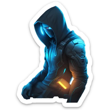 developer behind his laptop with this style : crysis Cyberpunk Riot Games Valorant neon glowing bright blue character blue black hooded assassin themed character sticker