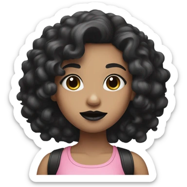 white skin girl has black curly hair with black lipstick and pink top sticker