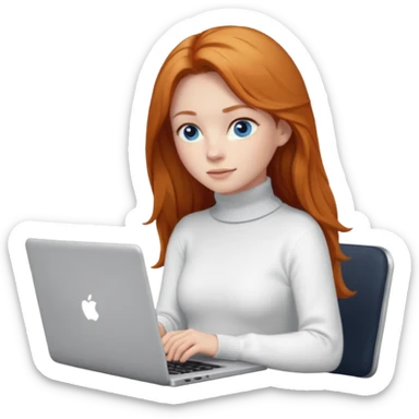ginger girl with long hair and blue eyes in turtle neck white sweater working on a laptop sticker