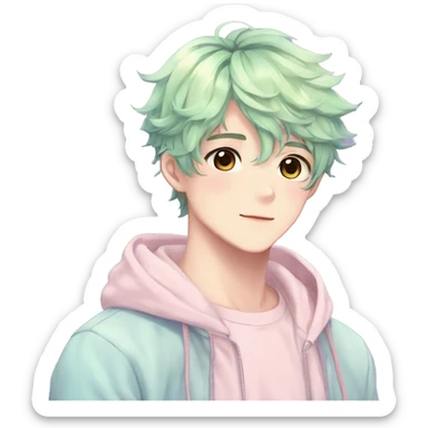 Gorgeous pastel anime style shojo man with blushing face and butterflies aesthetic and pretty hair trending style sticker