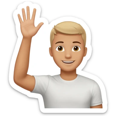 joven bronceado corte de soldado oscuro muy cortito polera blanca sonrisa bonita saludando mano arriba sticker