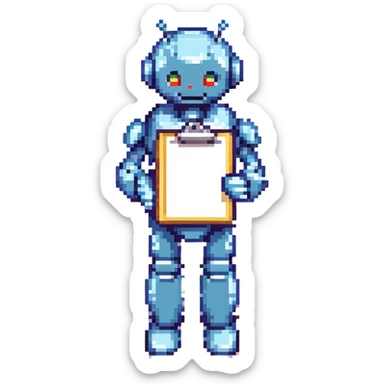 cute metallic recruiter robot holding a clipboard, 8-bit pixel art style sticker
