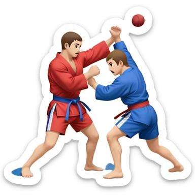 An icon symbolizing Sambo, featuring two fighters in blue and red kimonos with shorts. One executes a powerful throw, while the other attempts a defensive grab. The fighters are engaged in a grapple, using joint locks and sweeps. The background features a wrestling mat/ sticker