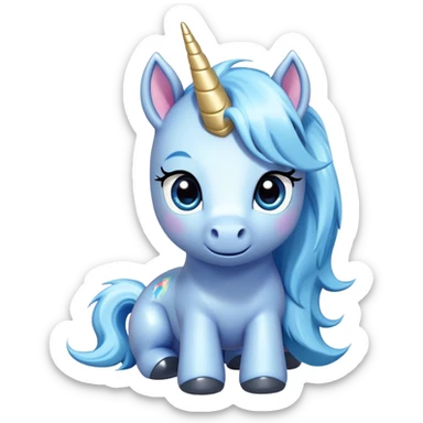 "A cute and expressive blue unicorn pony with a white mane and tail, large shiny blue eyes, and a cheerful personality. The character should have a smooth cartoonish style with a vibrant color palette. The pony should be highly expressive, with different emotions such as happiness, excitement, sadness, surprise, anger, and love. Each emote should be designed in a chibi or kawaii art style, with exaggerated facial expressions. The background should be transparent, making the emotes perfect for streaming or chat applications. Keep the lighting soft and shading smooth to maintain a polished and clean look." sticker