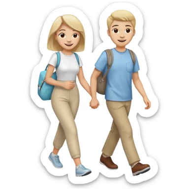 a young woman and a young man, both smiling and walking together, heading to the dentist sticker