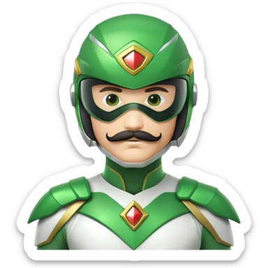 Green power ranger in white costume with a mustache, helmet with green visor sticker