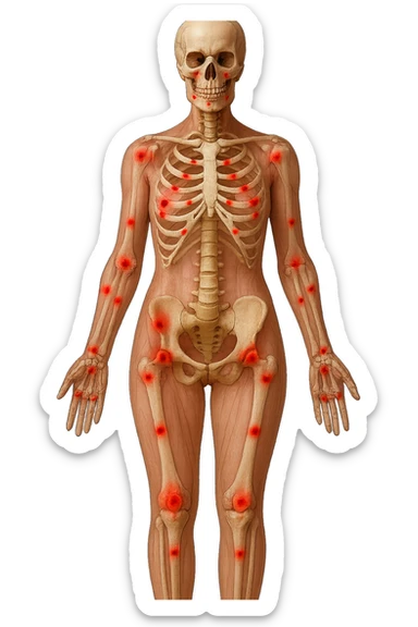 corpo umano anatomico di una donna affetta da fibromialgia, red spot sparsi sulle sue ossa, iperrealistica 4k sticker