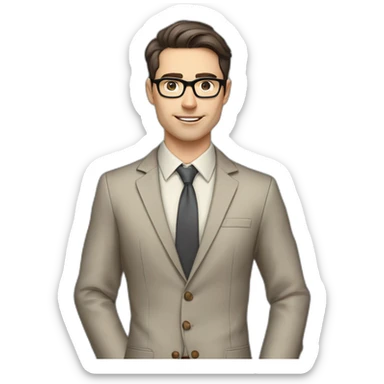 Pale skinned fit man with dark brown hair in gray jacket, beige office shirt, brown tie, brown pants and vintage glasses Writing on the marker board sticker