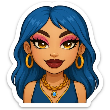 Make her look nice and cute, but with slightly scary eyes, keep gyaru style, blue hair, pretty makeup, bratz baddie style, emoji style, with no background. sticker