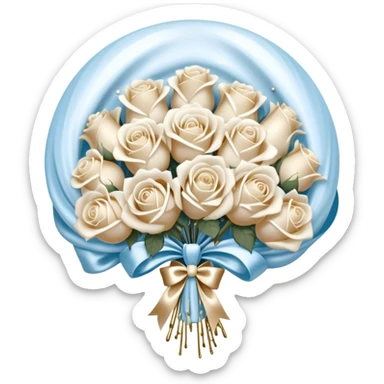 A backdrop of pearlescent ivory silk, draped like flowing water, provides the perfect setting for an exquisite bouquet of snow-white and pale blue roses, bound with a luxurious satin bow in soft beige. The ribbon’s ends curl gracefully, intertwining with delicate strands of pearls resting beside the bouquet. Above, a selection of metallic pearl balloons in warm champagne, opal white, and soft gold drifts effortlessly, their reflections creating a luminous, serene glow that enhances the timeless elegance of the scene. sticker