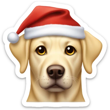 Yellow Labrador with big brown eyes wearing a floppy Santa hat sticker