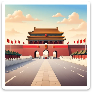 Tiananmen Square in Beijing with traditional Chinese architecture gate, sunny day, travel landmark illustration sticker