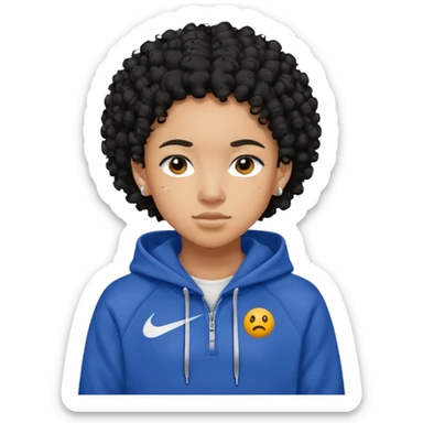 Blasian teenager wearing a nike hoodie with black curly hair and ears pierced sticker