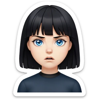 Girl angry wearing black with black medium length hair with bangs and blue eyes sticker