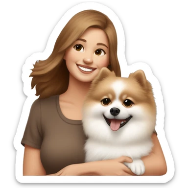 White and beige Pomeranian in the hands of a white young woman with brown hair smiling and cuddling the dog  sticker