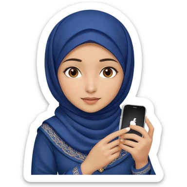 Turkish beautiful finish Konya girl brown eyes with indigo hijab islamic dress and had on her hand phone and makes photo sticker