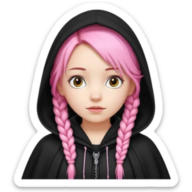 pink braids hair kid girl, white skin, wear black cloak sticker