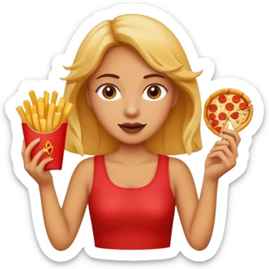 lean female holding fries on one hand and eating pizza on the other hand sticker