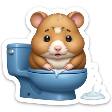 Cute chubby cartoon-style hamster sitting on toilet pooping looking as if he had an accident sticker
