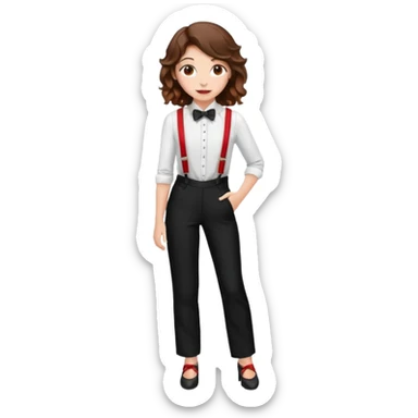Woman with wavy brown hair and hazel eyes wearing black tuxedo pants with red suspenders sticker