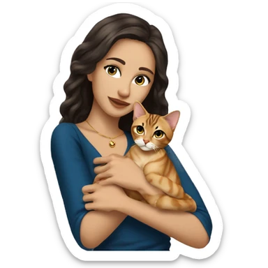 Beautiful skinny woman long dark brown hair in dark dress with gold earrings and blond blue eyes man  hair hug bengal cat sticker