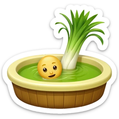 Create a 3D emoji of a relaxed leek in a jacuzzi filled with a slightly lumpy, yellowish-brown sauce sticker
