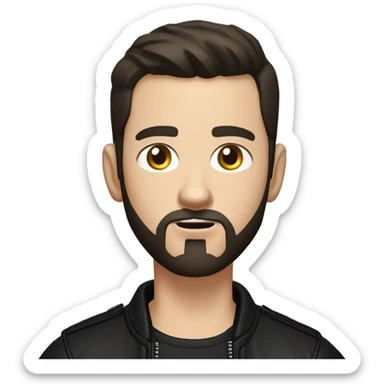 young white man with very short dark brown hair and beard,buzzcut,  cool outfit, black leather jacket and black shirt underneath, angry eyes sticker