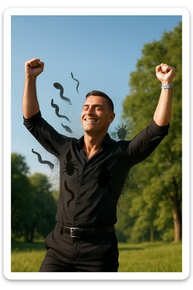 a man stands outdoors in bright sunlight, arms raised in relief and joy, while faint, shadowy silhouettes of parasites fall away from his body and dissolve into the air. His posture is upright and energetic, his expression serene and healthy. The background features green trees and a clear sky, emphasizing liberation and restored well-being. sticker