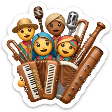 Create a colorful and cultural humanless emoji representing folk singing. The design should feature a collage of traditional folk instruments, such as a wooden flute (dudka), a button accordion (harmon), a set of gusli, and a tambourine (buben), all arranged in a harmonious, flowing design around a vintage microphone. The instruments should have earthy, natural tones like wood browns, brass accents, and vibrant colors reflecting their folk origins. Add subtle musical notes to tie the elements together, symbolizing the power of folk music. The background should be transparent. sticker