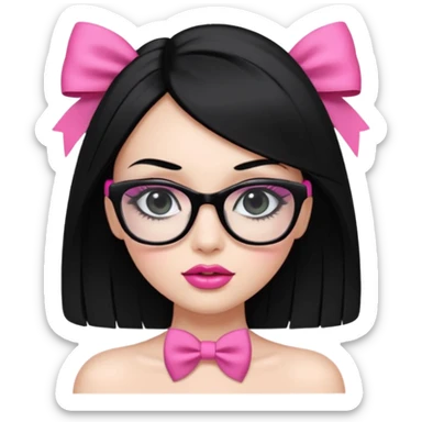 Pretty girl with long straight black hair, pink bow on the right side, big black glasses, fake lashes, makeup with eyeliner and glossy lips, white strapless top, upper body only sticker