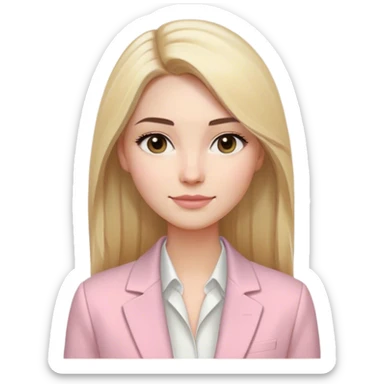 Young woman with long, straight blonde hair with a center part. Oval face with natural eyebrows, dark brown eyes and a subtle smile. Light makeup with natural pale pink lips. Wearing a light yellow blazer over a black top. Modern, professional style with delicate facial features.​​​​​​​​​​​​​​​​ sticker