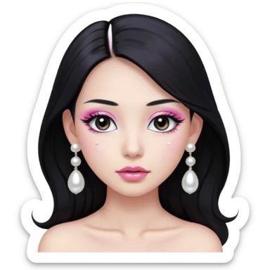 asian long black hair silver grey eyes glossy lips glittery white and pink eyeshadow girl pearl earrings sticker