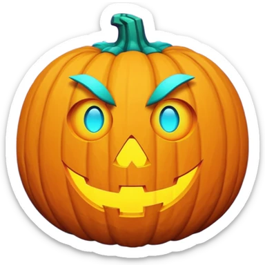 futuristic jack-o'-lantern face emoji, purple and cyan colors only, dark background sticker