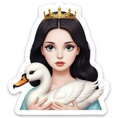 Girl who looks like Lana del Rey with dark hair, dark cat eyes, pale skin, with a Roman nose, holding a swan sticker