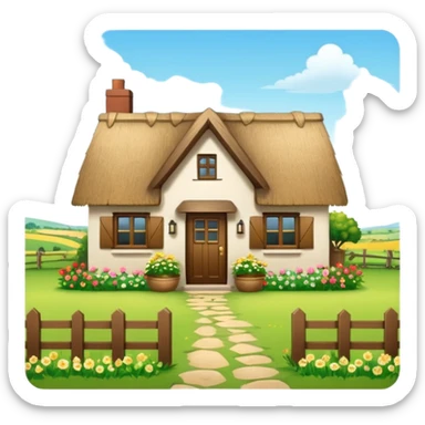 A countryside cottage with a thatched roof, wooden door, flowers around the house, green fields, peaceful rural scenery, natural lighting, detailed and realistic sticker