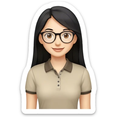 female teacher, long black hair with some grey, wearing round eyeglasses. Brown eyes. Wearing a polo shirt. Smiling sticker
