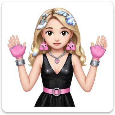 Sabrina carpenter at concert wearing a black sparkly dress with a silver sparkle v neck she is holding up pink handcuffs towards audience and kneeling, blue and red lights setting  sticker
