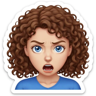 girl with brown curly hair and blue eyes choking herself out with an angry expression sticker