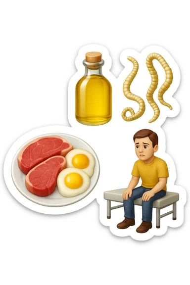 emoji stile iphone di UN PIATTO CON CARNE ROSSA E UOVA, UNA BOTTIGLIA DI OLIO DI SEMI, DUE PARASSITI TIPO LA TENIA, UOMO SEDUTO SU UN LETTINO DA FISIOTERAPISTA, IPERREALISTICO 4K sticker