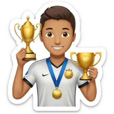 happy soccer player with a first-place medal and a trophy sticker