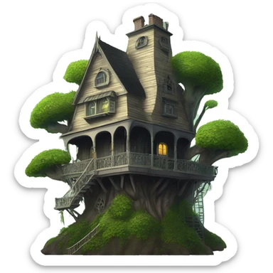 Fantastic fantasy haunted Addams family treehouse hotel overgrown in the woods  sticker