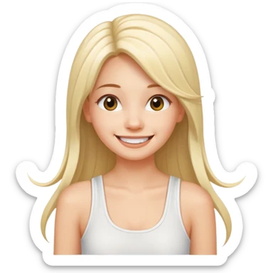 a pretty bratz fair girl with straight long hair, wearing a white noodle strap tank top, smiling sticker
