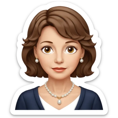 woman in her 50s, short wavy brown hair, wearing a pearl necklace, gentle expression sticker